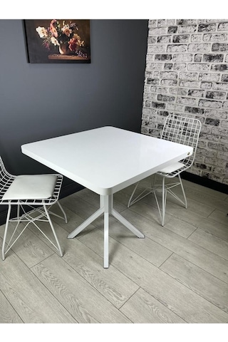 Roma Beyaz Mutfak Yemek Masası Balkon Masası Kavisli Köşe Metal Beyaz Ayak 80 Cm