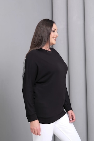 Sırtı Kanat Taş Baskılı Sweatshirt Siyah