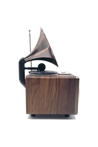 Gramofon Görünümlü Şarjlı Ahşap Bluetooth Speaker Nostaljik Hoparlör Fm Radyo