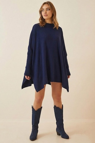 Onno Style Women Düz Triko Standart Panço Lacivert
