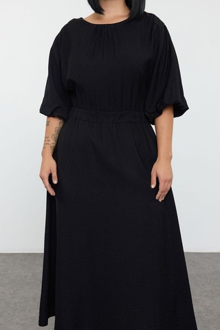 Ersefa Moda Stil Relaxed Bisiklet Yaka Midi Boy Büyük Beden Dokulu Balon Siyah
