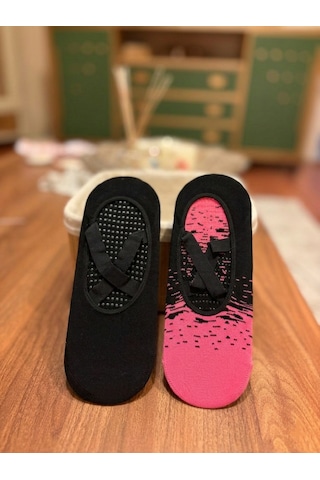 Heren Socks Heren 2'li Kadın Babet Çorap Pamuklu Kaymaz Silikon Taban Yoga Pilates Dans Fuşya - Siyah