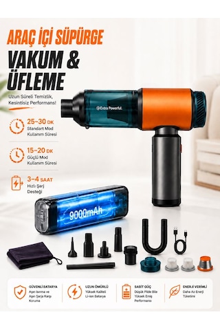 22000pa Güçlü Araç İçi Süpürge 9000mah Şarjlı 2 Hepa 1 Metal Filtreli Oto El Süpürgesi Siyah