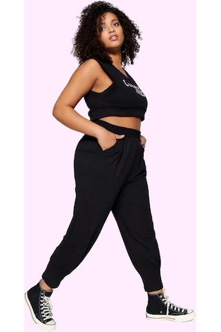 Ersefa Kadın Büyük Beden Örme Pantolon Yüksek Bel Havuç Kalıp Regular Bo Siyah