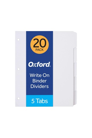 Oxford Bağlayıcı Bölücüler Üzerine Boş Yazma, 1/5 Kesilmiş Sekmeler, 5 Sekmeli Sette 3 Delik Delici Bölücü, 100 Bölücü, 20 Set, Beyaz 89981
