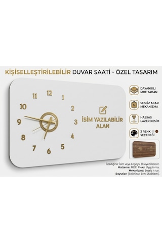 Odak Serisi: Modern Ve Kişiselleştirilebilir Ahşap Duvar Saati 80x50 Cm Beyaz Üzeri Gold Renk Altın - Beyaz