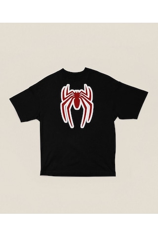 Oversize Film Kahramanı Spider-man Logo Baskılı Unisex Oversize T Siyah