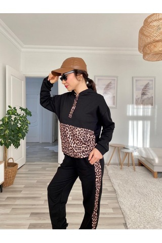 Ge Ticaret Kadın Uzun Kollu Leopar Detay Sweat Ve Yanı Leopar Şerit Detay Pantolon Ikili Takım Siyah