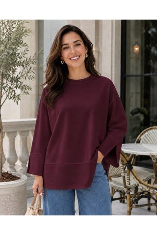 Unika Boutique Kadın Oversize Yırtmaçlı Uzun Kollu Salaş Bluz bordo