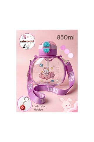 Tavşan Su Matarası Tavşanlı Suluk Figürlü Su Şişesi Tavşan Matara Askılı Pipetli Matara 850ml Pembe