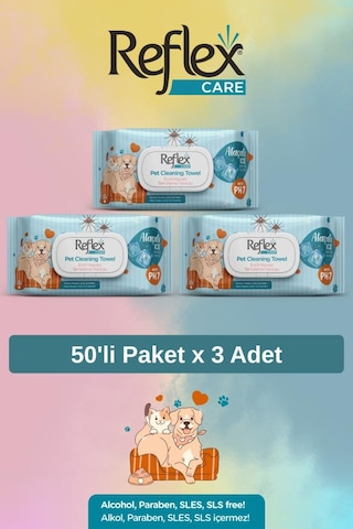 Reflex Care Alaçatı Ice Kokulu Kedi Ve Köpekler İçin Çok Amaçlı Temizleme Mendili 50'li X 3 Adet
