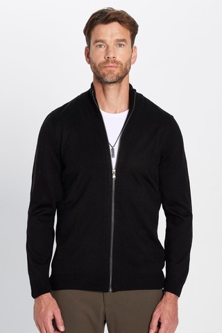 Tudors Erkek Slim Fit Dar Kesim Siyah Dik Yaka Fermuarlı Düz Hırka-32260 Siyah
