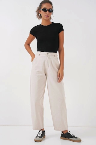 Defymoda 6703 Yüksek Bel Kot Pantolon - Ekru Ekru