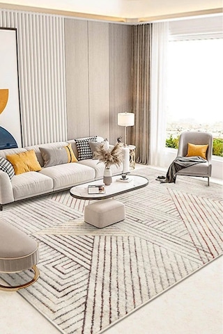 DecomiaHome DC-4176 Dijital Kaymaz Yıkanabilir İskandinav Yolluk Halı Krem-Düz