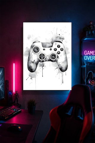 Siyah Beyaz Oyun Kumandası Metal Duvar Tablosu Gamer Oda Dekoru Modern Tasarım 30x40 Cm A3 Boyutunda