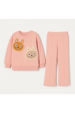 Kız Çocuk 3 İplik Şardonlu Peluş Baskı Detaylı Sweatshirt - Eşofman Alt Üst Takım Pudra Pembe - Gri