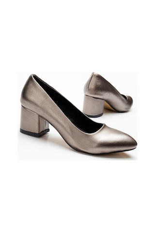 Kadın Kısa Topuklu Ayakkabı Platin Şanel Malzeme Kalın Topuklu-3551 PLATIN