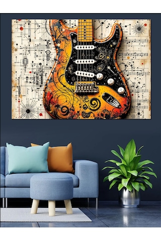 Müzik Notalı Renkli Gitar Dekoratif Kanvas - Mdf Ahşap Tablo