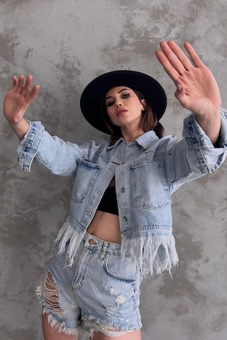 Buz Mavi Saçak Detaylı Denim Ceket Bcdf-245413 Çok Renkli