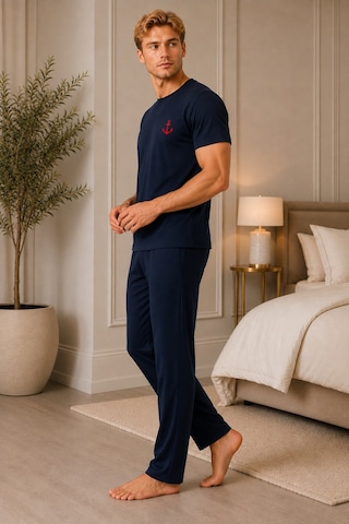 Pijamask Erkek Lacivert Çapa Nakışlı Kısa Kollu Pijama Takımı Rahat Kesim Alt Üst Takım Lacivert