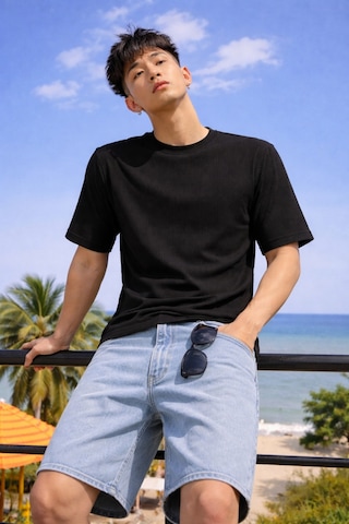Tarz Cool Erkek Jakarlı Oversize Tişört Bisiklet Yaka Rahat Kalıp Yazlık Basic T-shirt Siyah