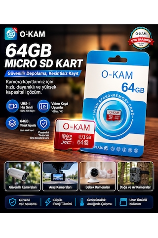 O-kam 64gb Micro Sd Hafıza Kartı Güvenlik Kamerası Uyumlu 64 Gb Microsd Kart Video Fotoğraf Kayıt Depolama Kartı
