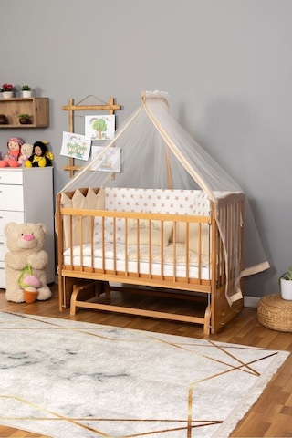 Ahşap Beşik Anne Yanı Beşik Vernikli 60x120 - Krem Nakış Erkek Uyku Seti + Yatak Ahşap