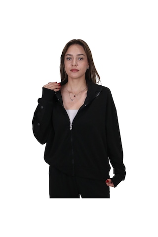 Kadın Modal Kumaş Dik Yaka Rahat Kalıp Siyah Ceket Hırka Siyah