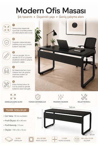 Bilgisayar Ve Oyuncu Çalışma Masası Beyaz - Ofis Masası Geniş Tasarım 140x72x50 Cm Antrasit