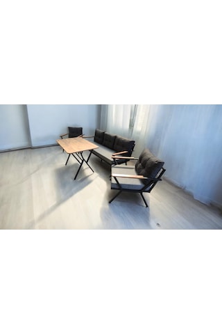 Pi Locca Bahçe Balkon Mobilyası Gri Antrasit 3+1+1 Perla Çam Masa Antrasit - Gri