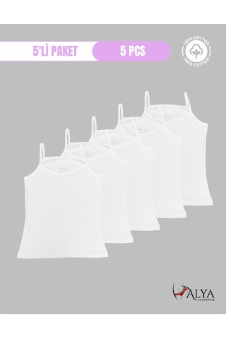 Alya Underwear Kız Çocuk - Garson İp Askılı %100 Pamuklu Atlet Kalpli Jakarlı Kumaş 5'li Paket Beyaz