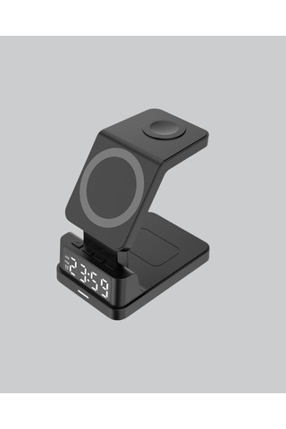 Dijital Saatli Kablosuz Şarj İstasyonu - 3 Ü 1 Arada Apple Uyumlu Hızlı Şarj Ve Led Ekran