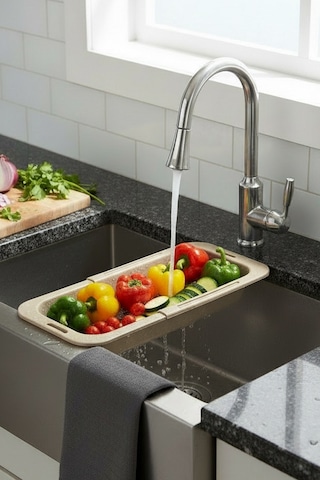 Sieve Bej - Pratik Ayarlanabilir Sürgülü Lavabo Süzgeci - Meyve Sebze Yıkama Aparatı Bej