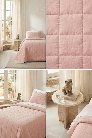 Ocean Home Textile %100 Pamuk Kumaş Kapitoneli Pembe Çok Amaçlı Tek Kişilik Yatak Örtüsü Seti 1 Adet 180 X 230 / 1 Adet 50 X 70 Cm