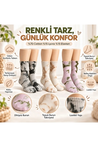 S'82 Unisex Batik Desenli Çorap 6'lı Set Pamuklu Uzun Soket Dikişsiz Nefes Alan Günlük Spor Konfor Çorabı Çok Renkli