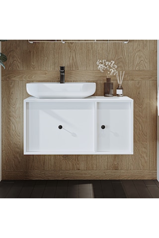 Gusto Ayaksız Oval Lavabolu Mdf 90 Cm Çekmeceli Banyo Dolap Beyaz Mat Beyaz