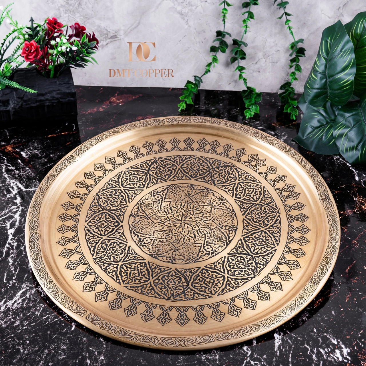 Dmt Gaziantep Sarı Bakır 35 Cm Osmanlı El İşi Sunum Gold Tepsi Kına Tepsisi 35 Cm Sarı