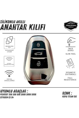 Peugeot 208 308 508 2008 3008 5008 Citroen C3 C4 Uyumlu Silikon Anahtar Kılıfı Oto Anahtar Kabı Darbe Emici Anahtarlık Koyu Titan Gri 00 Şüscaroto Aksesuar