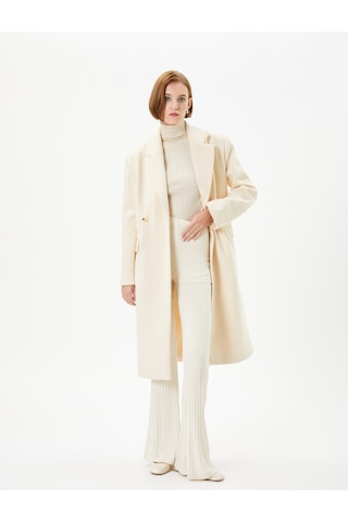 Koton Oversize Kaşe Kaban Kapaklı Cepli Düğmeli Ekru 4wak00106ew 4WAK00106EW010 Ekru