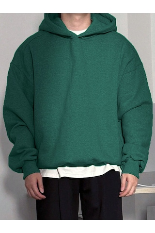 Genius Store Erkek Kapüşonlu Oversıze Sweatshırt 3 İplik Şardonlu Sweatshirt Nefti