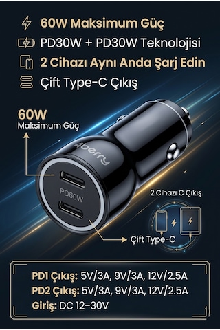 Bc01 Pd60w Dual Port Type-c Araç Şarj Cihazı 60w Max Süper Hızlı Şarj Adaptörü