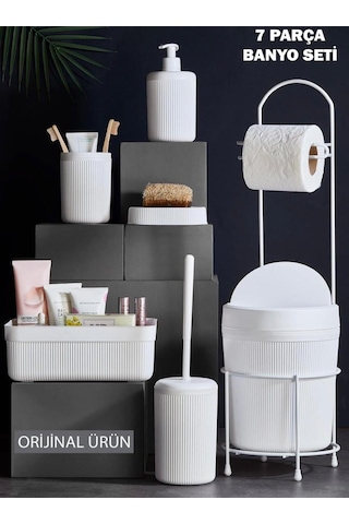 7 Parça Banyo Seti Çöp Kovalı Tuvalet Kağıtlığı Ve Fırçası - Kozmetik Kutusu - Diş Fırçalık - Katı Ve Sıvı Sabunluklar Beyaz
