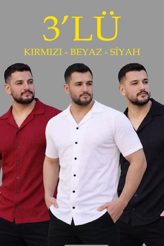 Tarzyeri Erkek Waffle Kumaş Yakalı Kısa Kol Düğmeli Gömlek 3 Lü Set Siyah-kırmızı-beyaz