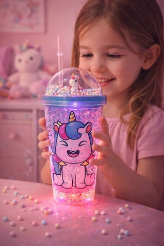 Renkli Boncuklu Sevimli Unicorn Tasarımlı 450 Ml Led Işıklı Pipetli İçecek Bardağı Suluk Mavi 2646