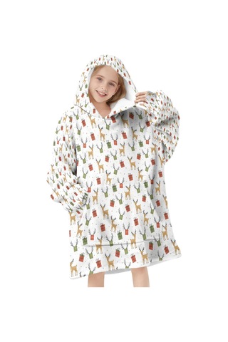 Noel Temalı 6-13 Yaş Çocuk Giyilebilir Battaniye Hoodie, Kalın Peluş, Büyük Boy Krem - Pembe