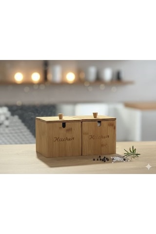 Qerhome 2'li Bambu Kapaklı Ve Kaşıklı Şekerlik - Tuzluk - Baharatlık Veya Baharat Kabı 12 Cm 12 Cm Bambu