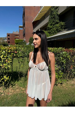 Arona Kadın Çiçek Desenli Brode Gecelik Takımı Ekru Ekru