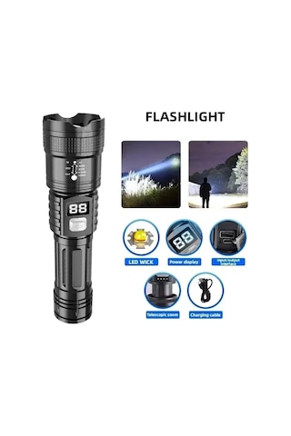 Süper Parlak Uzun Menzilli Led El Feneri Açık Su Geçirmez El Siyah