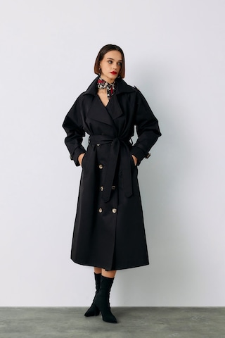 Sateen Kuşaklı Uzun Trenç - Siyah-135230 Siyah