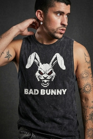 Technomonkey Siyah Erkek Pamuklu Antrenman Sporcu Atleti Oversize Yıkamalı Bad Bunny Baskılı Kolsuz T-shirt